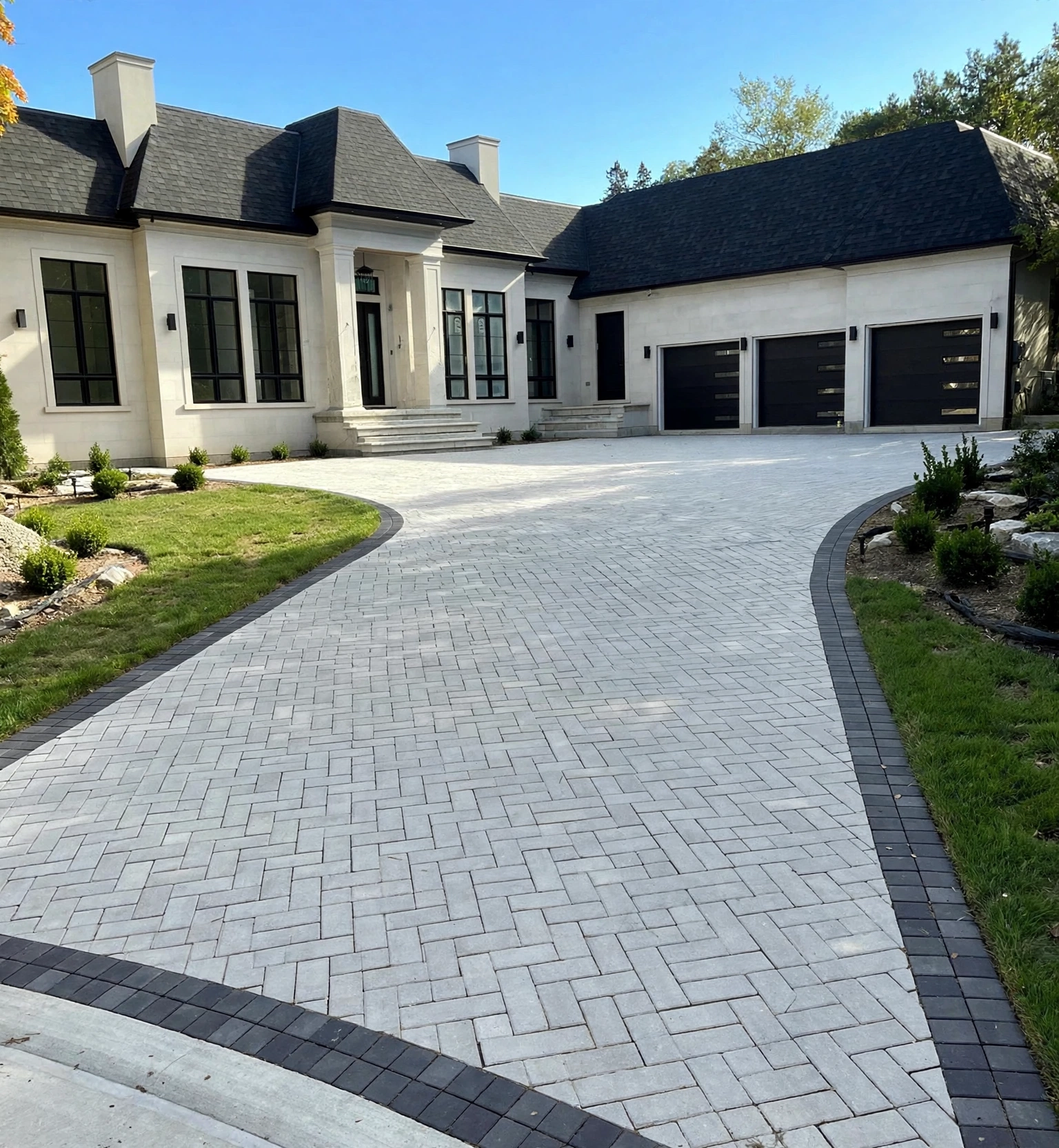 Design concept — finished heated driveway visualization with light-grey interlock pavers and charcoal border accents