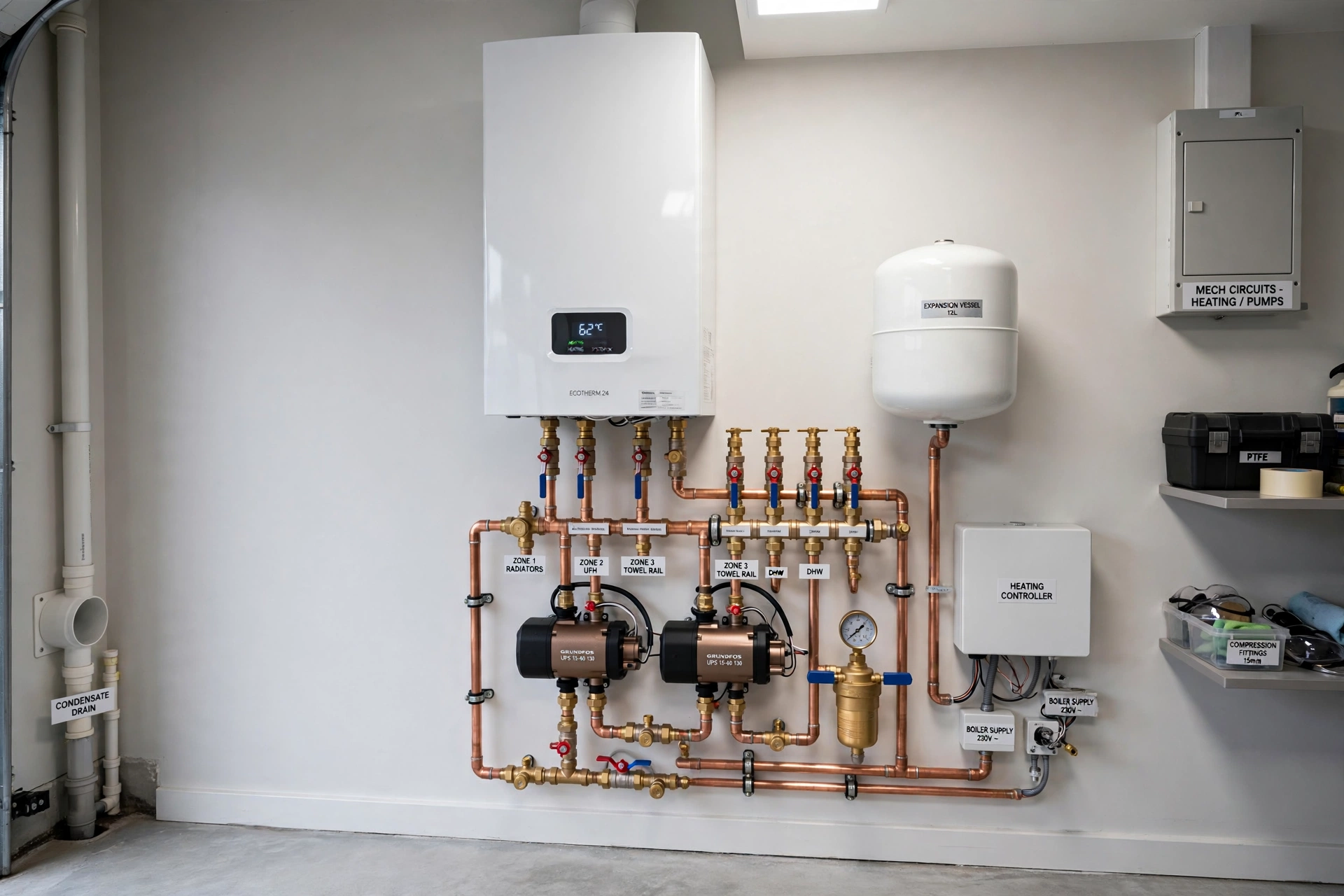Compact wall-mounted boiler with manifold, pumps and controls in a residential garage