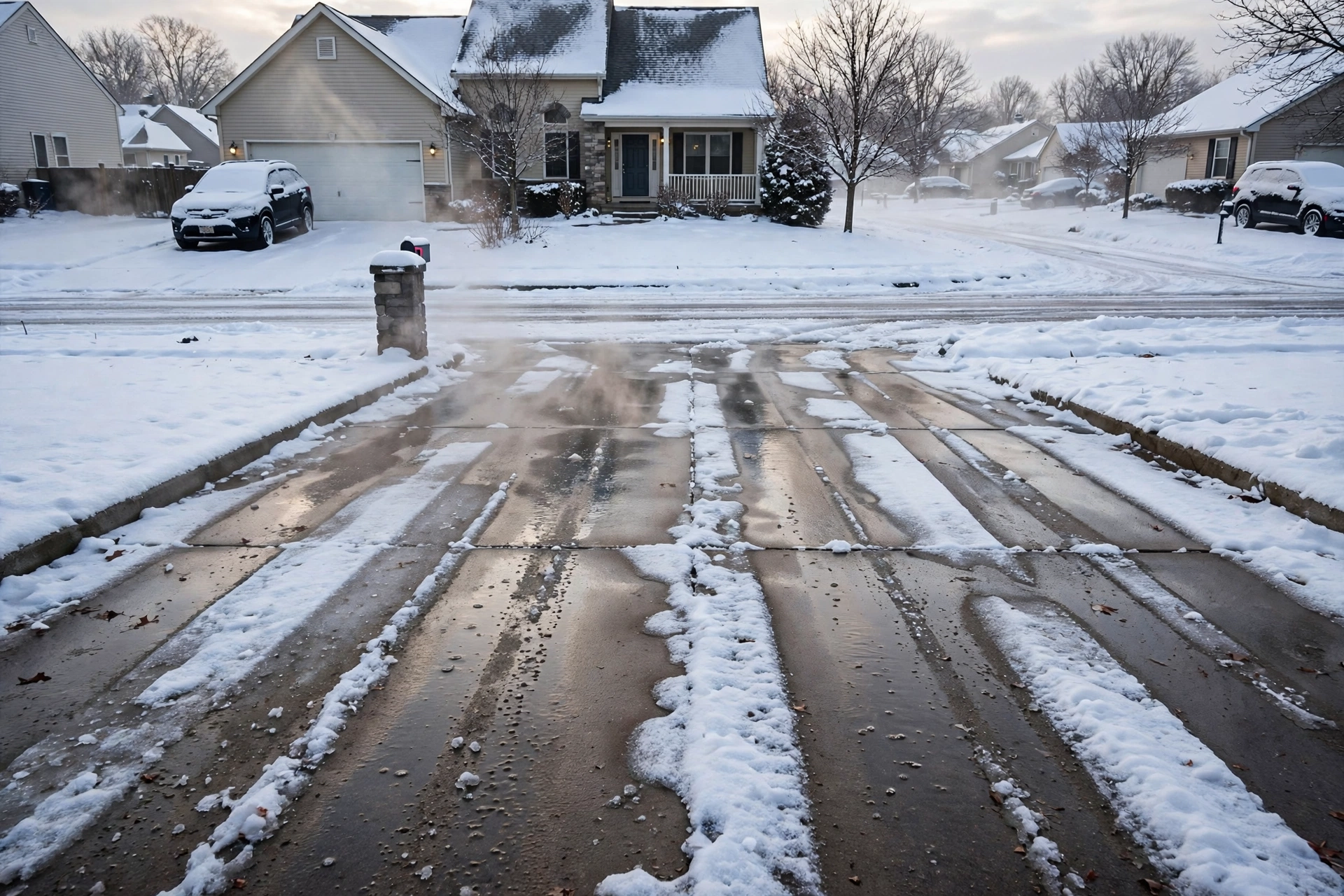 Heated driveway with snow melting clear while neighboring driveways are snow-covered