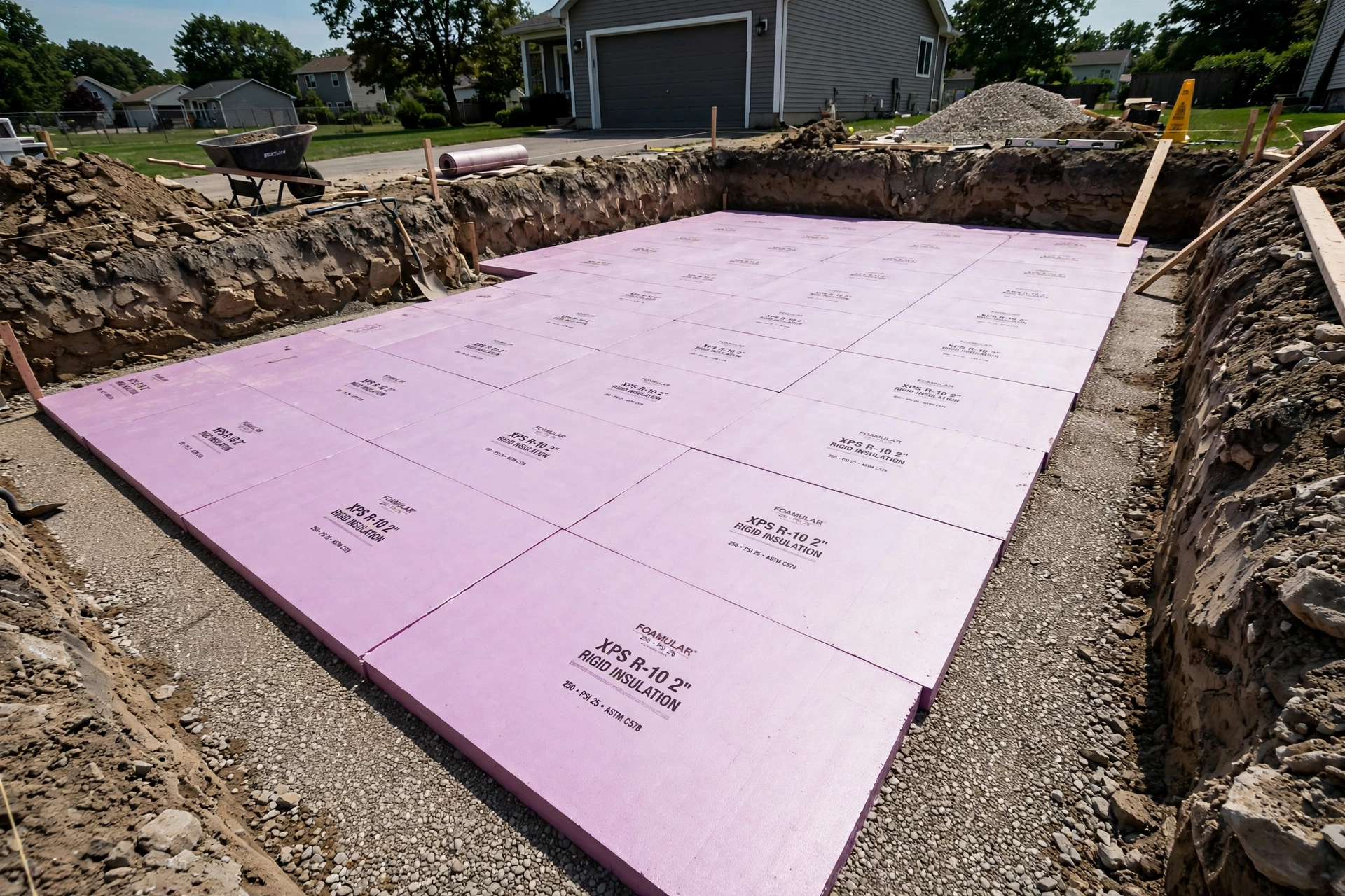 Rigid insulation panels being laid over the compacted base in a driveway excavation