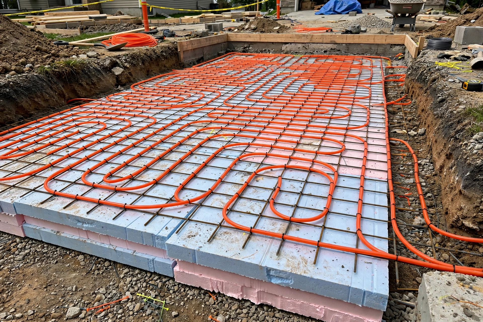 Orange PEX tubing laid in serpentine loops over insulation before the concrete pour