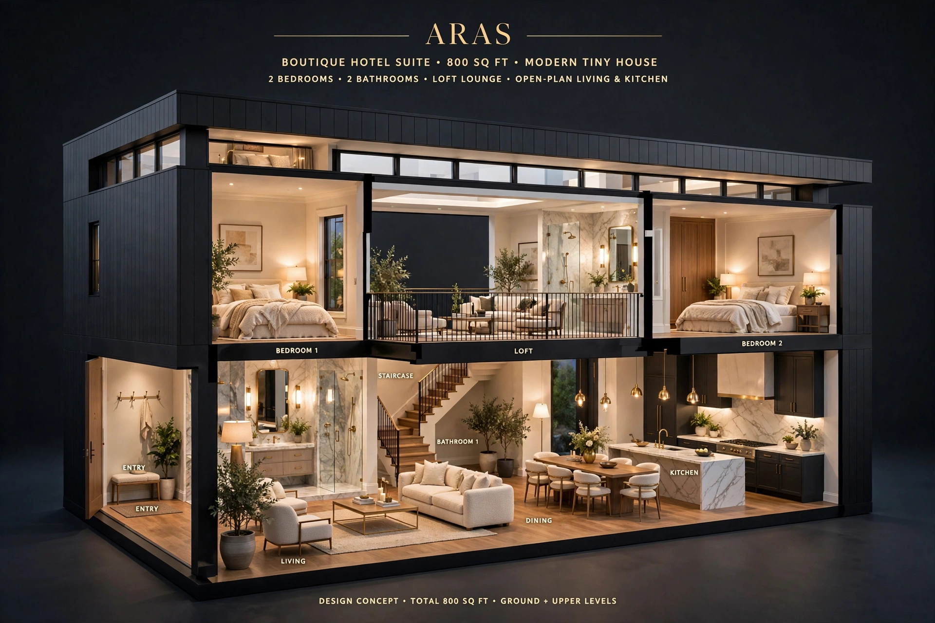 Aras garden suite — designer concept 3D floor plan, hotel-suite styled furnished interior with 2 bedrooms, 2 baths and loft, about 800 sq ft