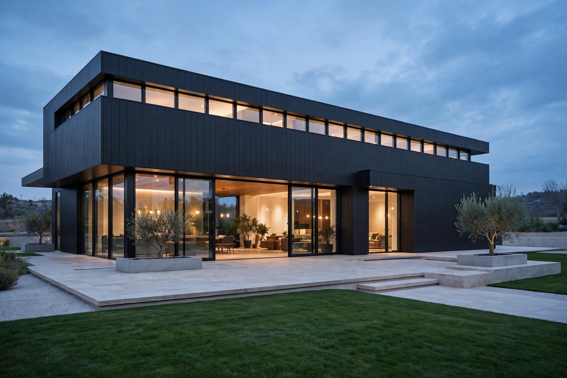 Aras garden suite concept render — larger modern backyard house with dark ACM facade and loft-level windows at dusk