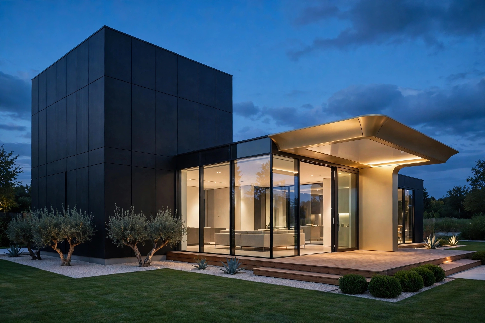 Mehrab garden suite concept render — modern two-volume garden suite with black ACM facade, glass walls and gold entry canopy at dusk