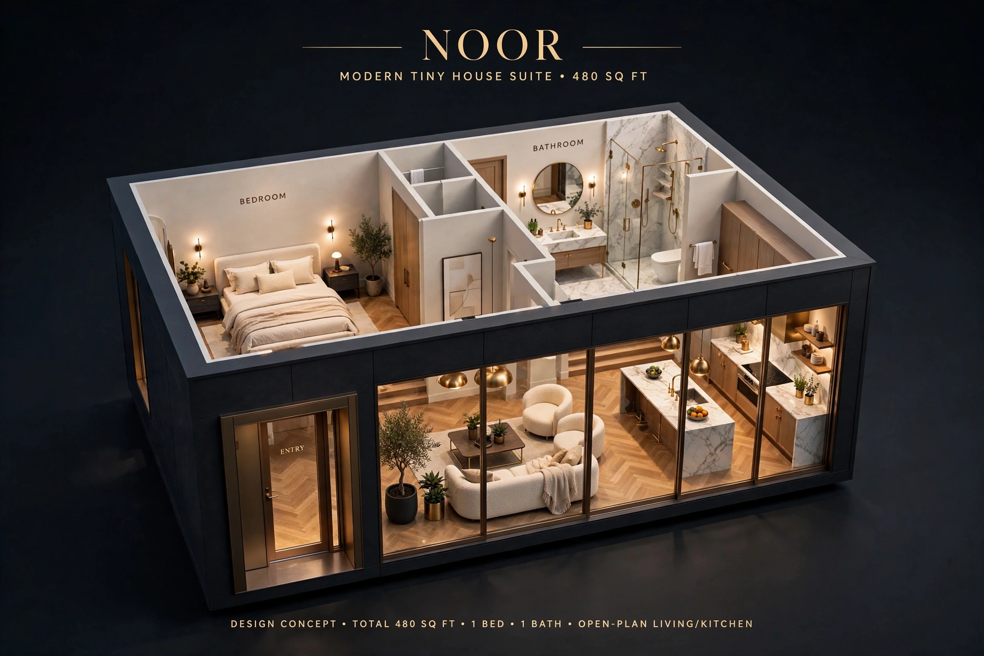 Noor garden suite — designer concept 3D floor plan, hotel-suite styled furnished interior with 1 bedroom and 1 bath, about 480 sq ft