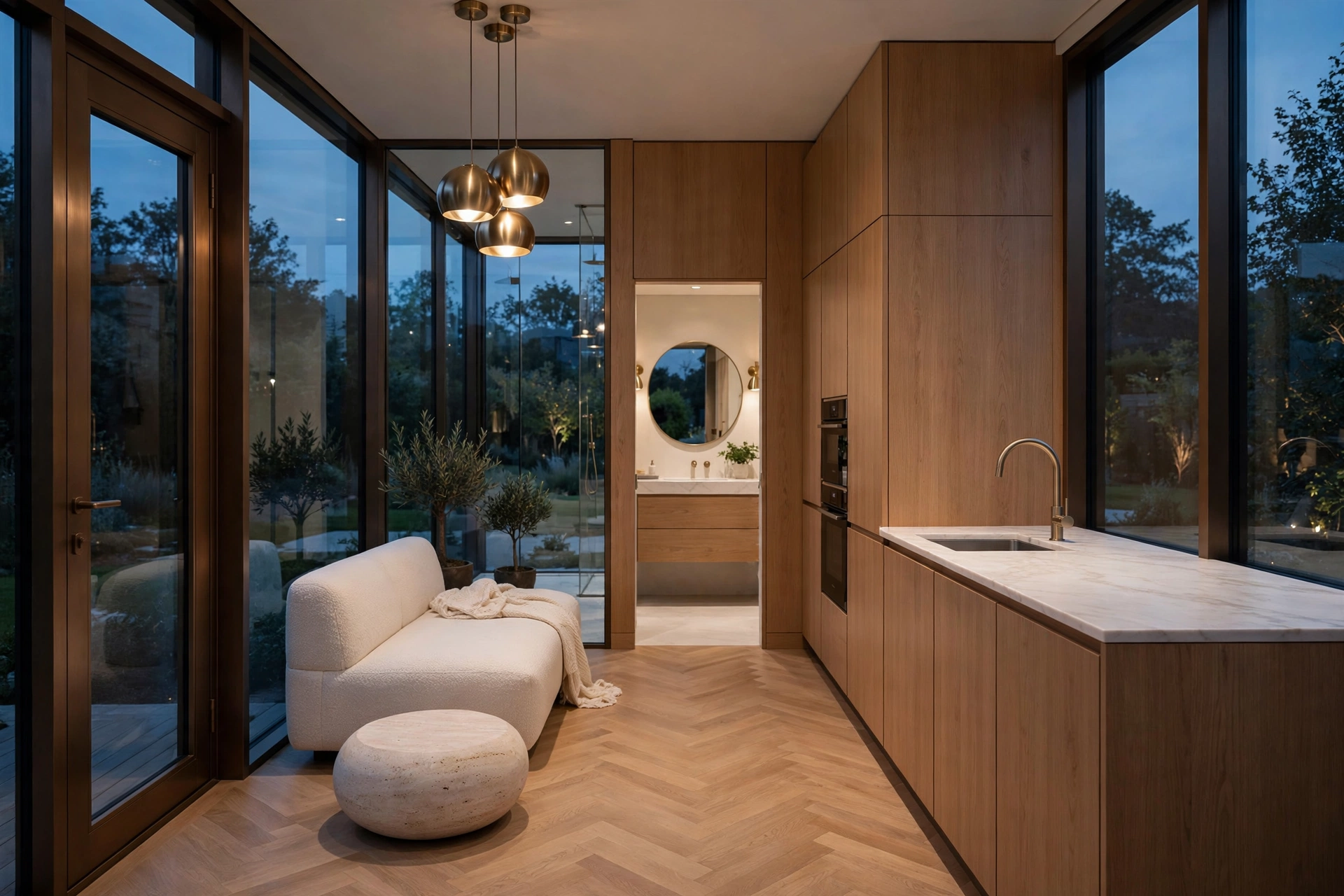 Noor garden suite — designer concept interior render, hotel-suite styled living room and kitchen with dramatic evening lighting