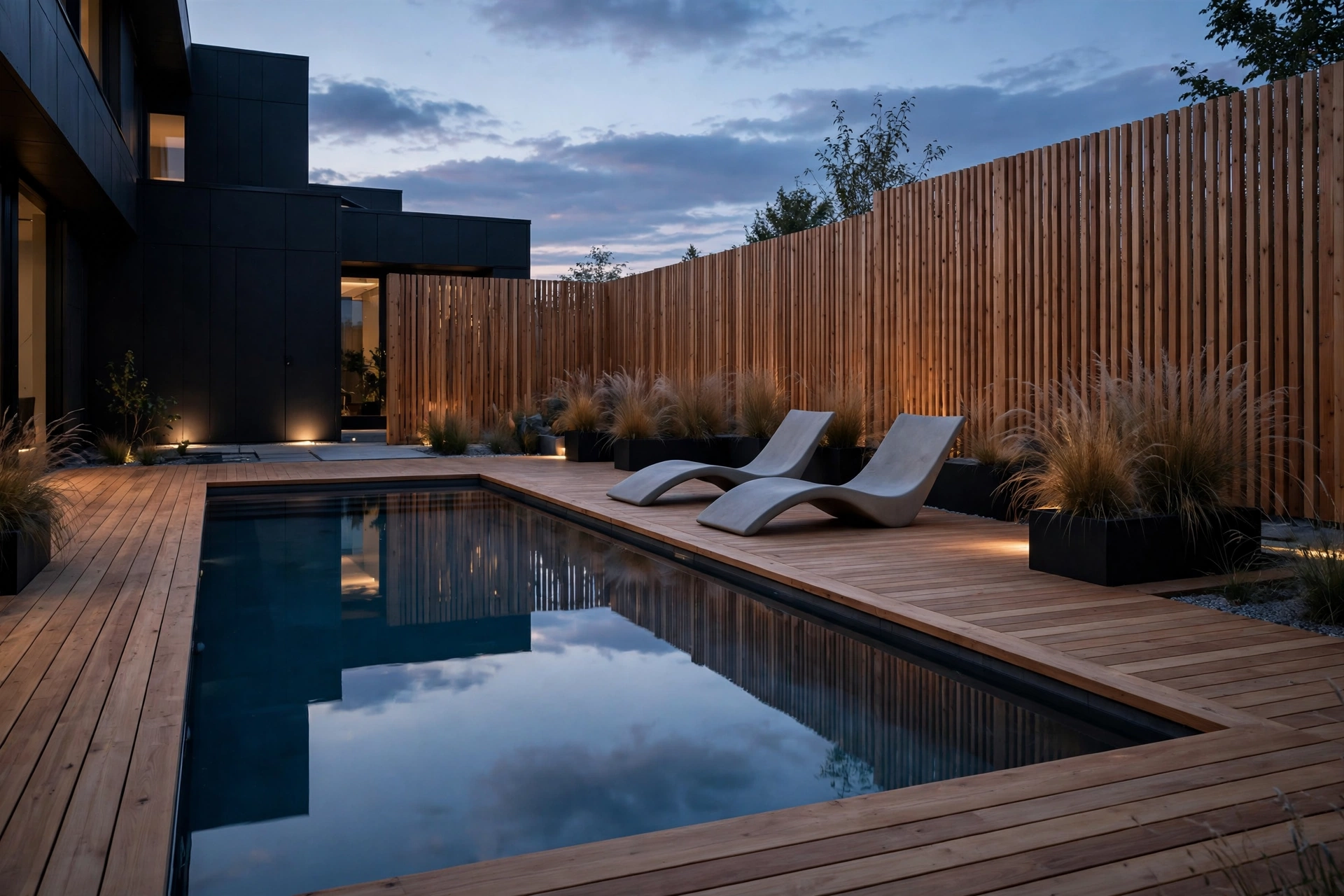 Plunge pool concept render — sleek small pool with wood deck and cedar privacy screens at dusk