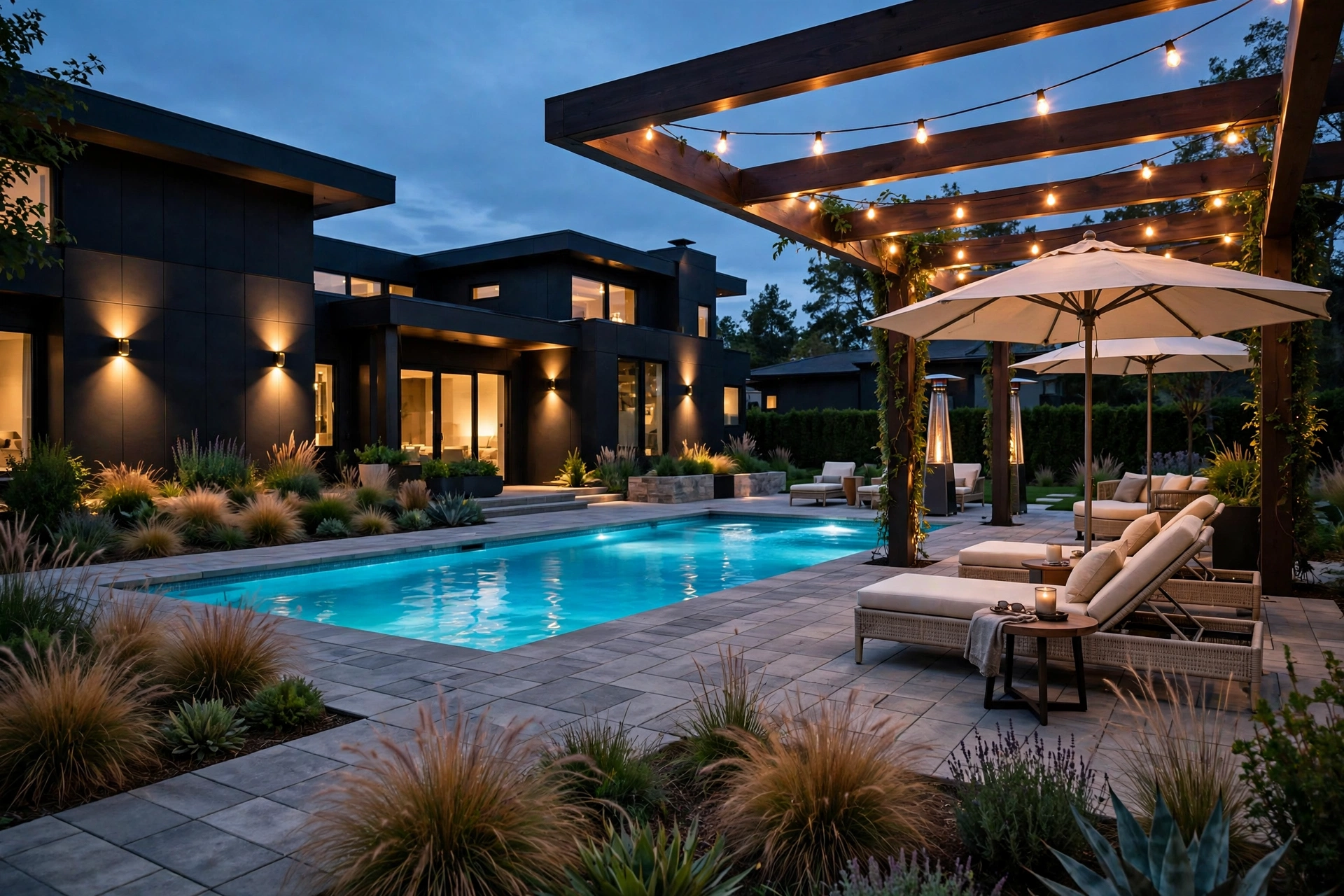 Resort-style pool concept render — rectangular inground pool with interlock patio, lounge chairs and pergola at dusk