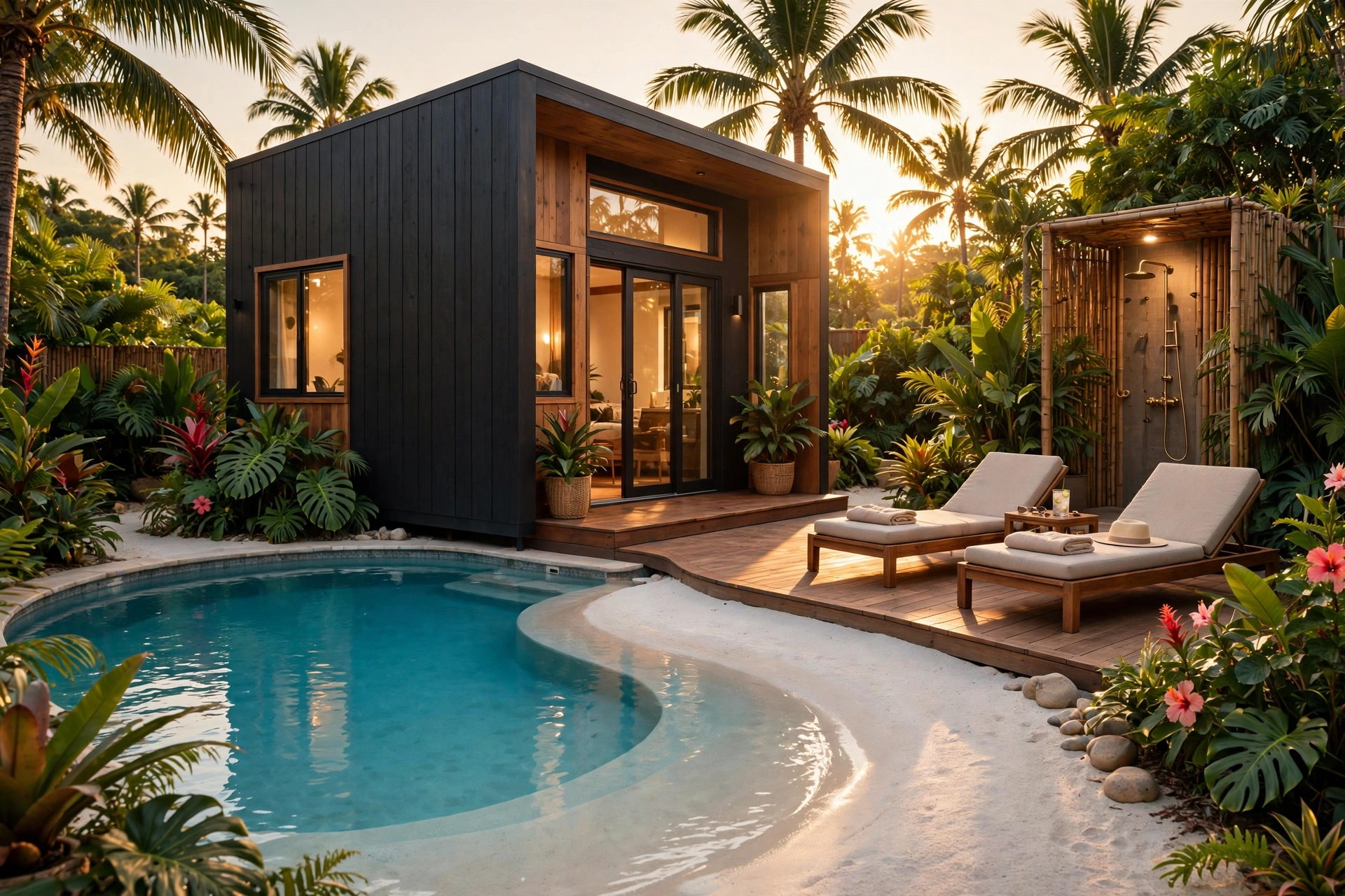 Kona tropical concept render — tiny house with lagoon pool, sand beach, palms and outdoor shower at golden hour